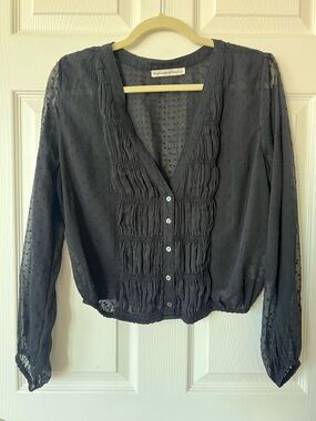 Abercrombie & Fitch Black Sheer Dot-Texture Button Front Blouse